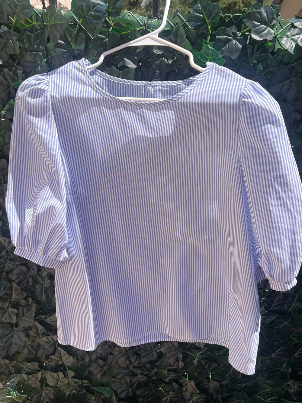 Elegant Blue & white Striped Women's Short Puff sleeve Blouse.     Size L